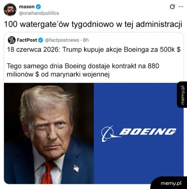 Tweet o Donaldzie Trumpie kupującym akcje Boeinga i logo firmy Boeing.