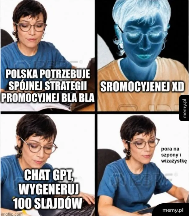 Czteropanelowy mem z kobietą przy komputerze tworzącą strategię promocyjną za pomocą sztucznej inteligencji.