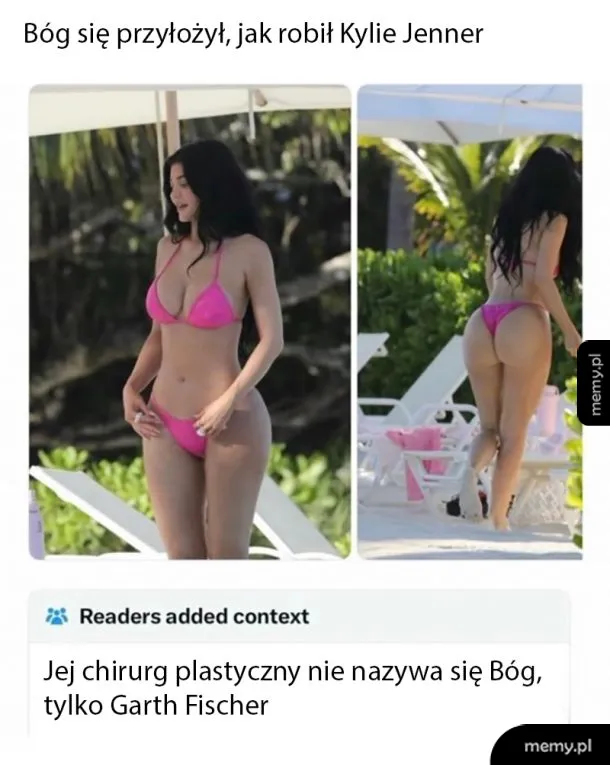 Dwa zdjęcia Kylie Jenner w różowym bikini na plaży z ironicznym podpisem o Bogu i chirurgu.