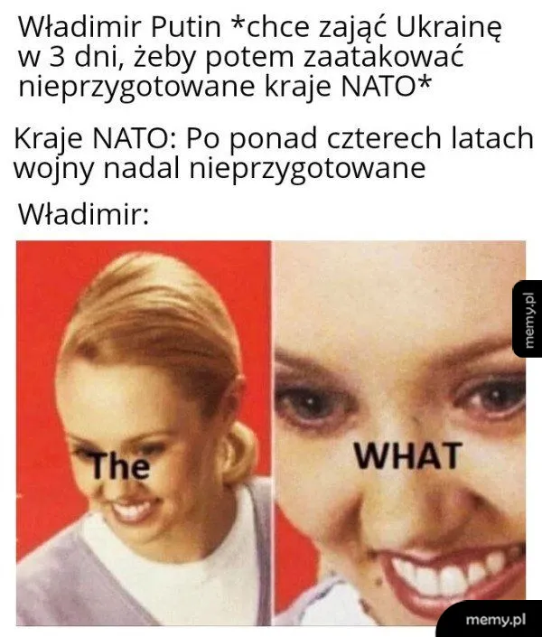 Dwuczęściowy mem z uśmiechniętą kobietą i zbliżeniem z napisem 'The WHAT'.