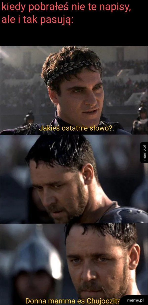 Kadr z filmu Gladiator przedstawiający Kommodusa i Maksymusa z doklejonymi napisami.