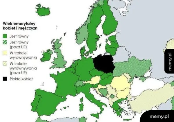 Mapa Europy z legendą dotyczącą wieku emerytalnego. Polska zaznaczona jest na czarno.