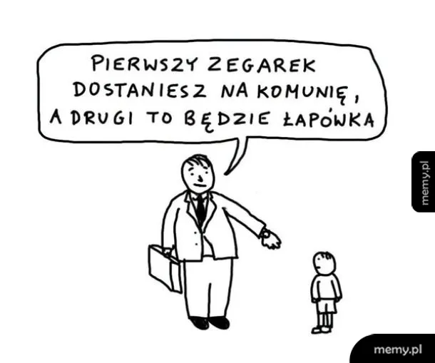 Rysunek mężczyzny w garniturze z teczką, mówiącego do małego chłopca.