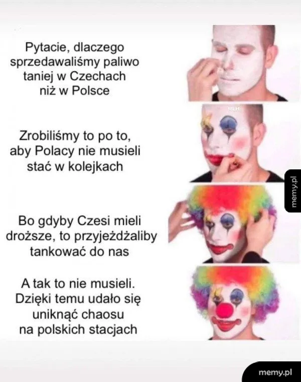 Mężczyzna stopniowo nakłada makijaż klowna. Mem z popularnego szablonu Clown Makeup.