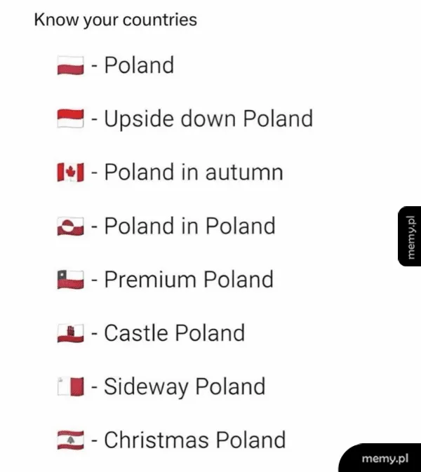 Porównanie flag podobnych do barw Polski, podpisanych jako alternatywne wersje kraju.