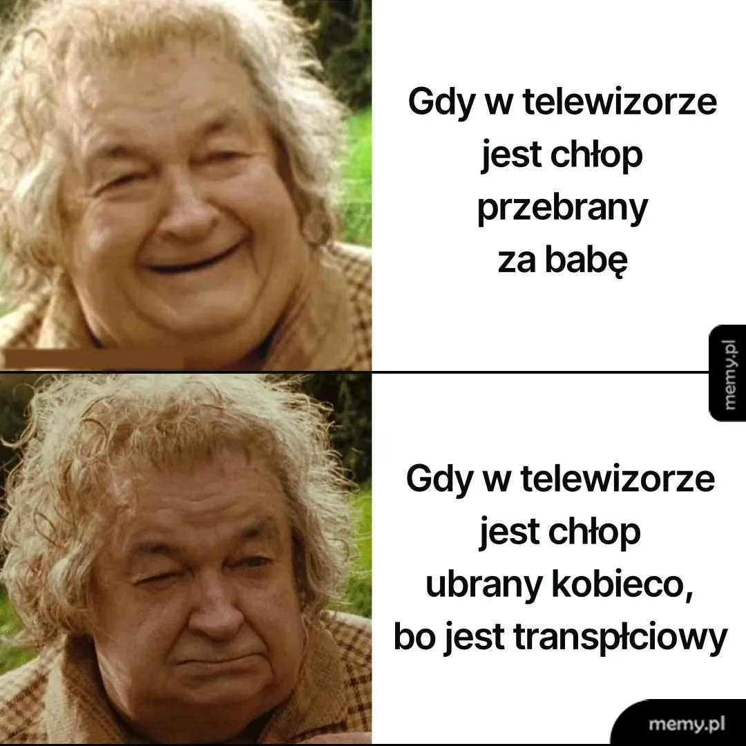 Dwa kadry z Bilbo Bagginsem: na górnym uśmiecha się, na dolnym ma zniesmaczoną minę.