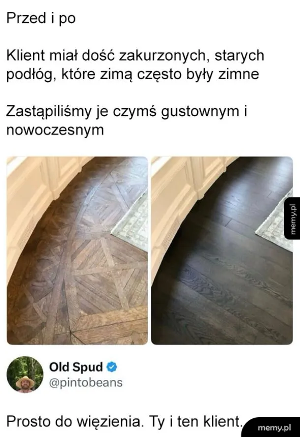 Zdjęcia przed i po: klasyczny ozdobny parkiet i zastępujące go ciemne panele podłogowe.