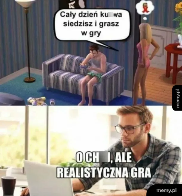 Mężczyzna grający w gry na kanapie w grze The Sims oraz grający przed laptopem człowiek.