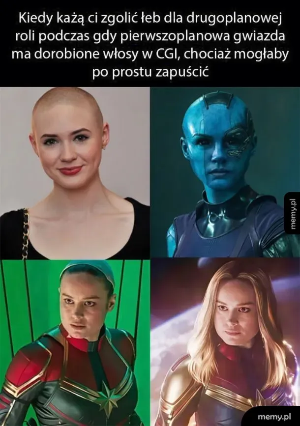 Memiczne porównanie aktorek Karen Gillan jako Nebuli i Brie Larson jako Kapitan Marvel.