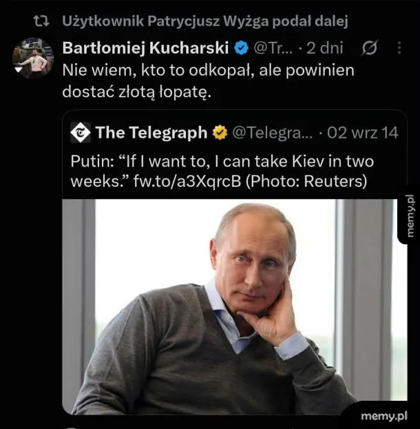 Wpis na Twitterze z cytatem Putina z Telegraphu o zajęciu Kijowa w dwa tygodnie.