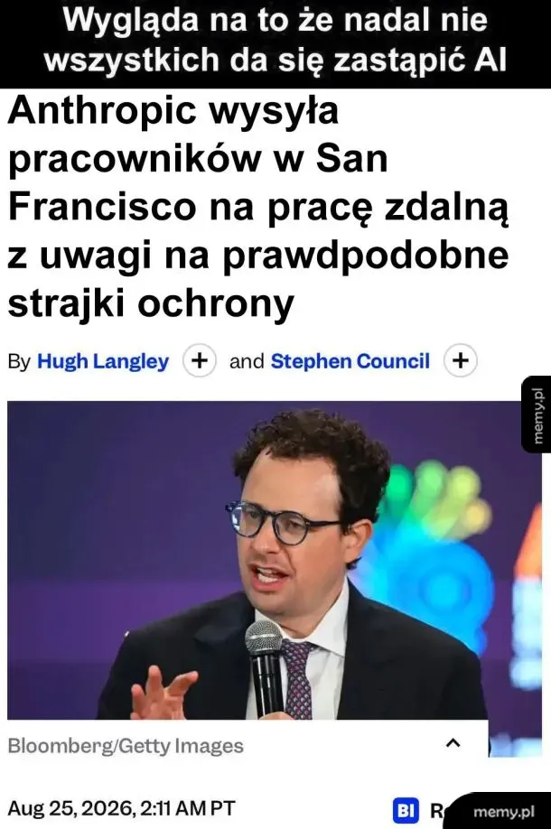 Mem z nagłówkiem o firmie Anthropic i zdjęciem mężczyzny z mikrofonem
