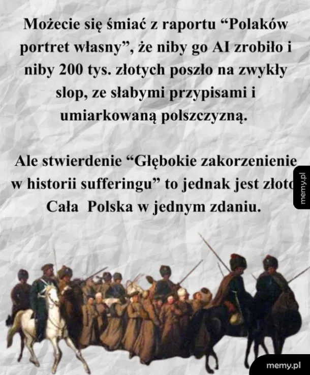 Mem z tekstem na tle pomiętego papieru i historycznym obrazem u dołu.