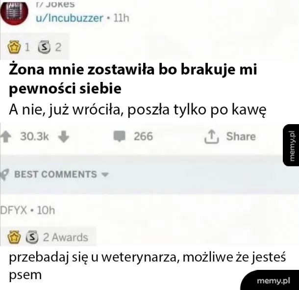 Zrzut ekranu z Reddita z żartem o żonie i braku pewności siebie
