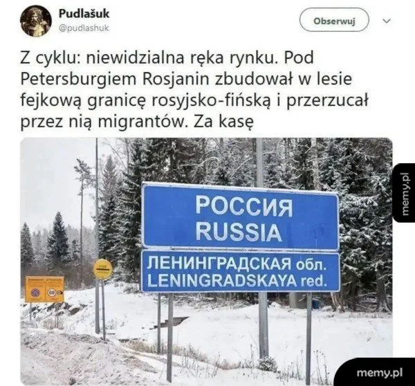 Tweet o fałszywej granicy rosyjsko-fińskiej w lesie z niebieską tablicą.