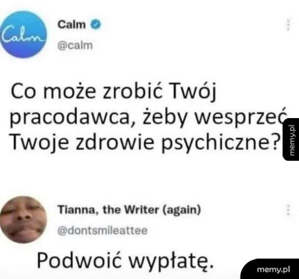 Zrzut ekranu z Twittera z pytaniem o wsparcie zdrowia psychicznego w pracy i odpowiedzią.