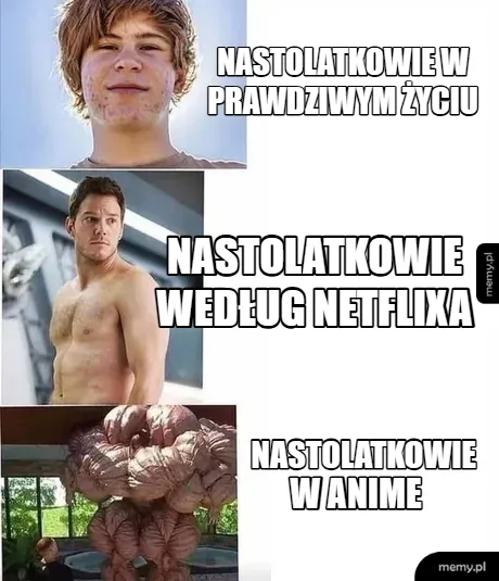 Mem porównujący nastolatków w rzeczywistości, na Netflixie i w anime.