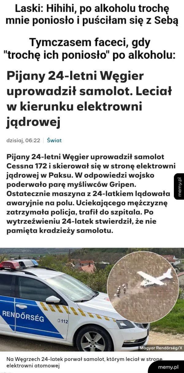 Memy porównujące błędy po alkoholu kobiet i mężczyzn z newsem o Węgrze.