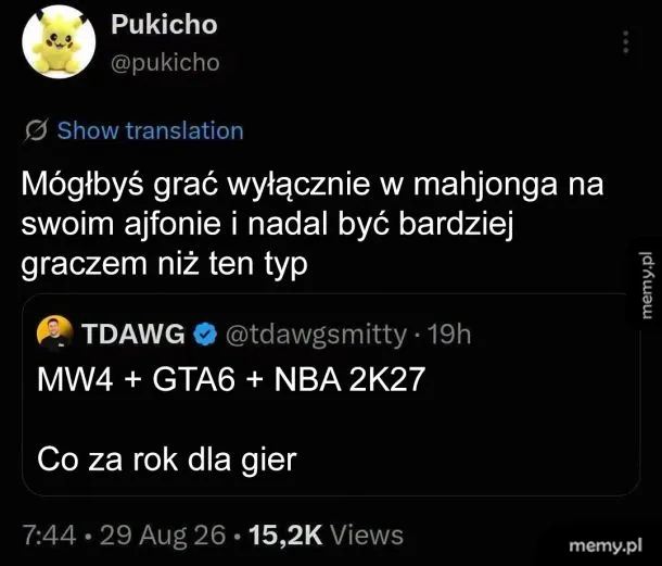 Zrzut ekranu z Twittera z wpisem użytkownika Pukicho komentującego wpis TDAWG o grach.