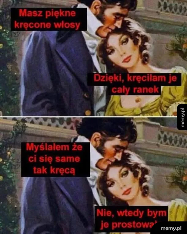 Mężczyzna komplementuje włosy kobiety na historycznym obrazie, a ona odpowiada z sarkazmem.