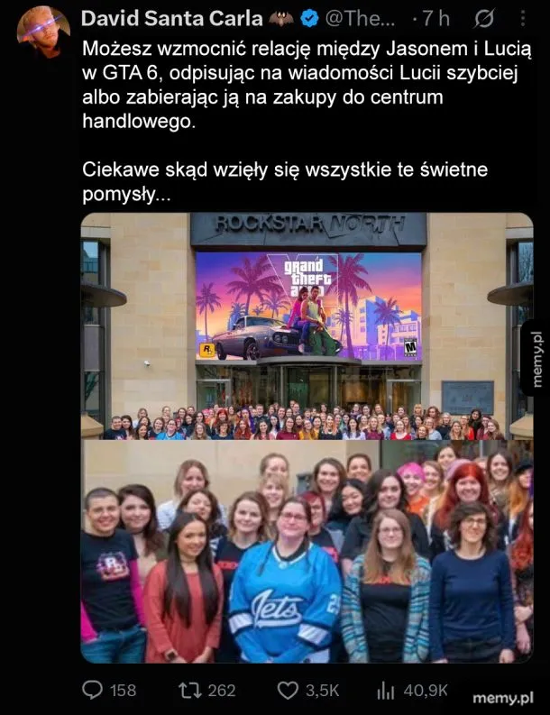 Tweet z żartem o relacjach w GTA 6 i zdjęciem zespołu Rockstar North.