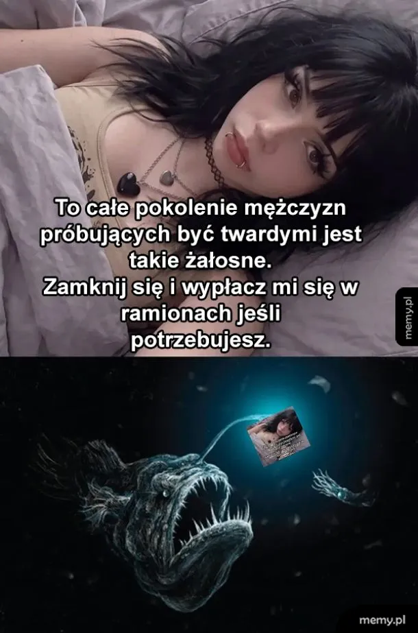 Mężczyzna w łóżku i ryba głębinowa z przynętą w formie tego mema.
