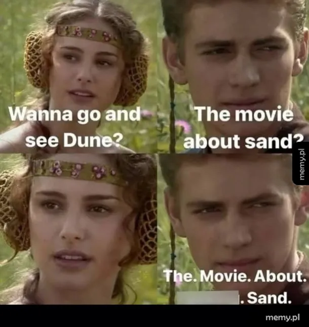 Mąka i Anakin z Gwiezdnych Wojen rozmawiają na łące w formacie mema