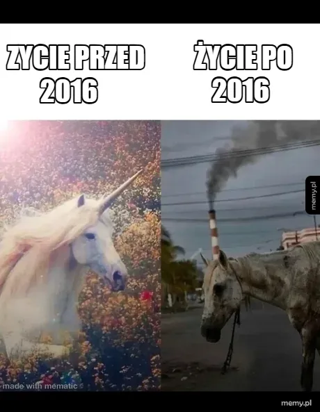 Porównanie pięknego jednorożca w kwiatach do zaniedbanego konia na tle fabrycznego komina.