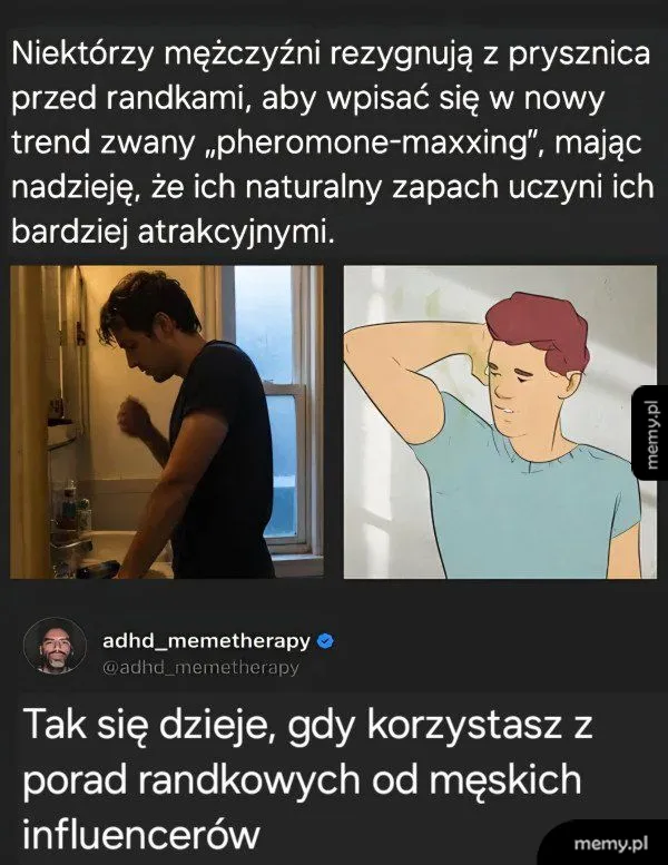 Mężczyzna w łazience i rysunek wąchającego się faceta z podpisami o pheromone-maxxing.