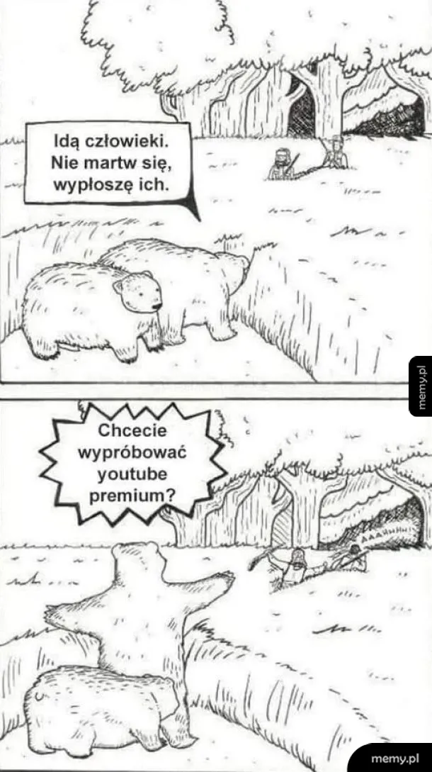 Komiks przedstawiający niedźwiedzie straszące myśliwych ofertą YouTube Premium w lesie.