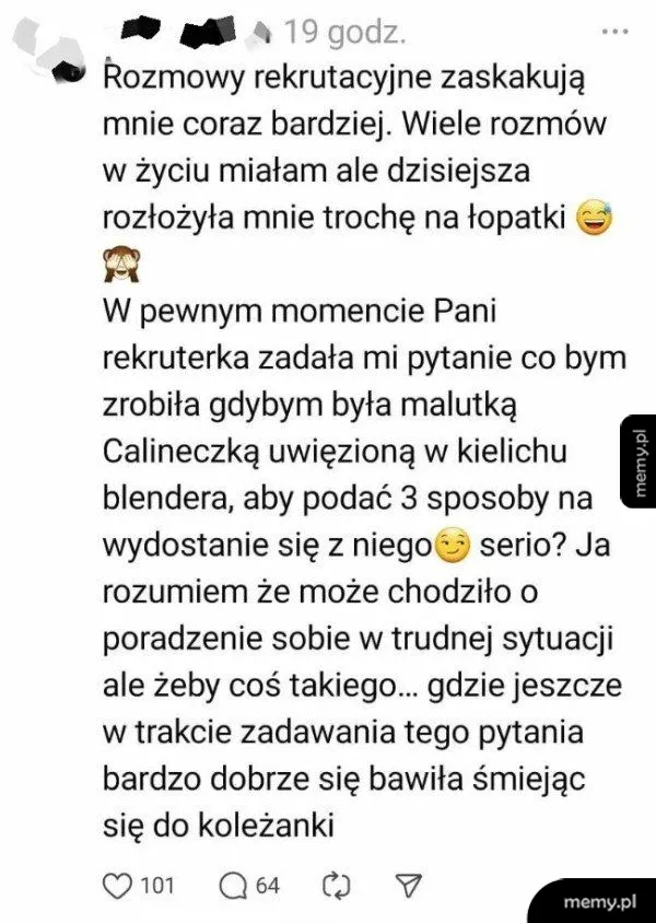 Zrzut ekranu z wpisu o dziwnym pytaniu na rozmowie rekrutacyjnej o Calineczce w blenderze.