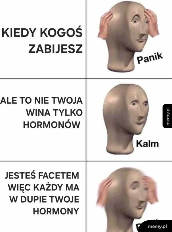 Mem z postacią Meme Man i trzema stopniami paniki