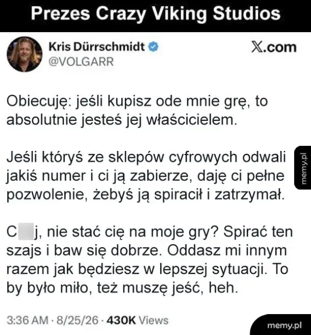 Zrzut ekranu tweeta prezesa Crazy Viking Studios o piraceniu gier.