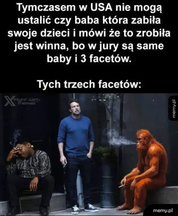 Trzech zmęczonych mężczyzn, w tym Ben Affleck i Wielka Stopa, pali papierosy.