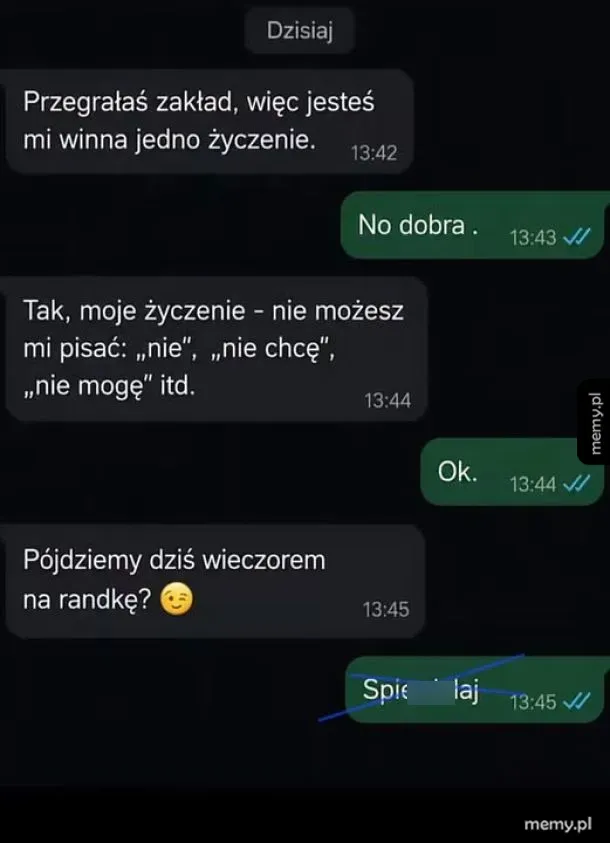 Zrzut ekranu z rozmowy tekstowej, gdzie chłopak wygrywa zakład i stawia warunek.