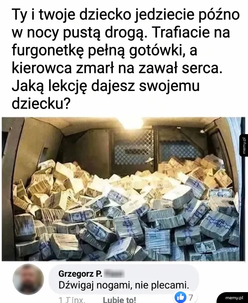 Wnętrze furgonetki wypełnione po brzegi paczkami z gotówką i komentarz z Facebooka.