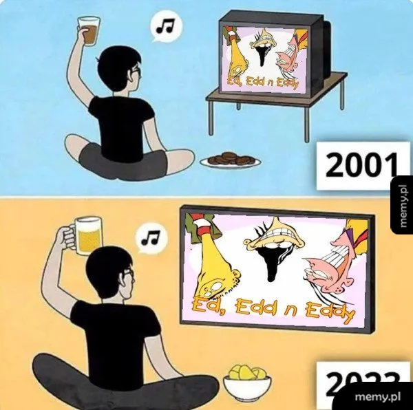 Mężczyzna oglądający bajkę Ed, Edd i Eddy w 2001 i 2023 roku na coraz większym telewizorze.