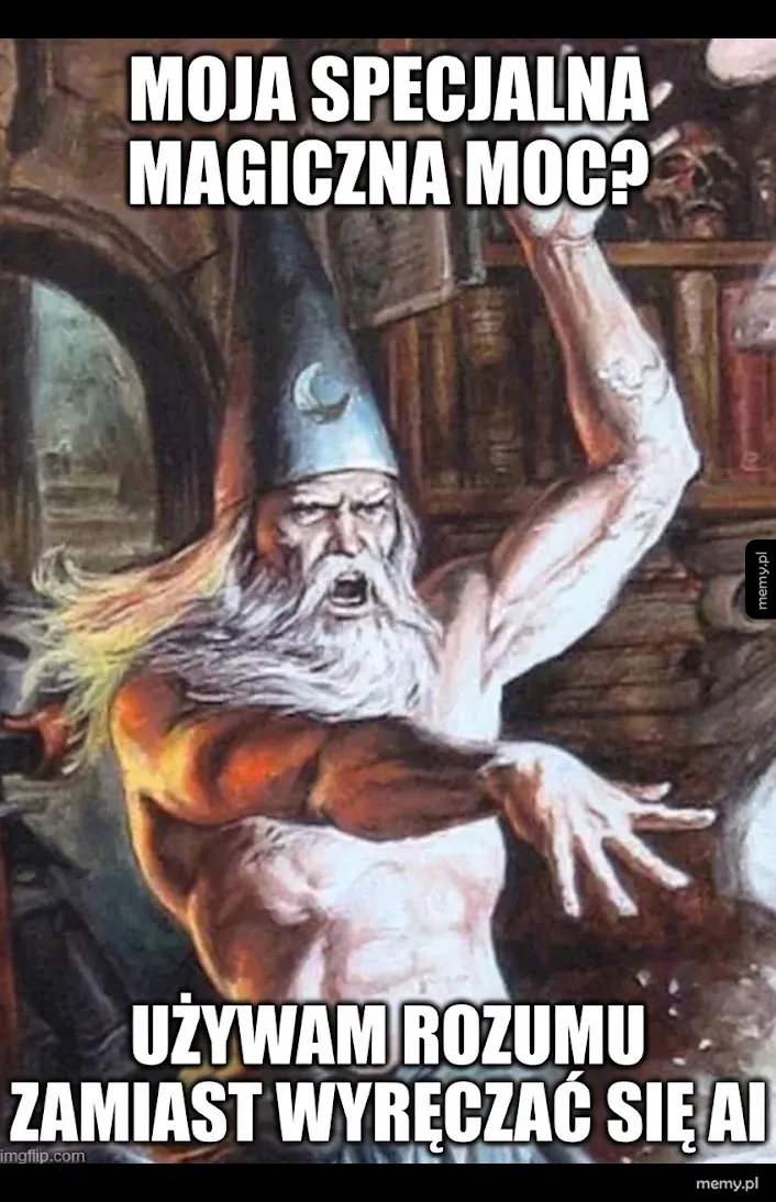 Ilustracja przedstawiająca umięśnionego czarodzieja w spiczastym kapeluszu wykonującego gest magii.