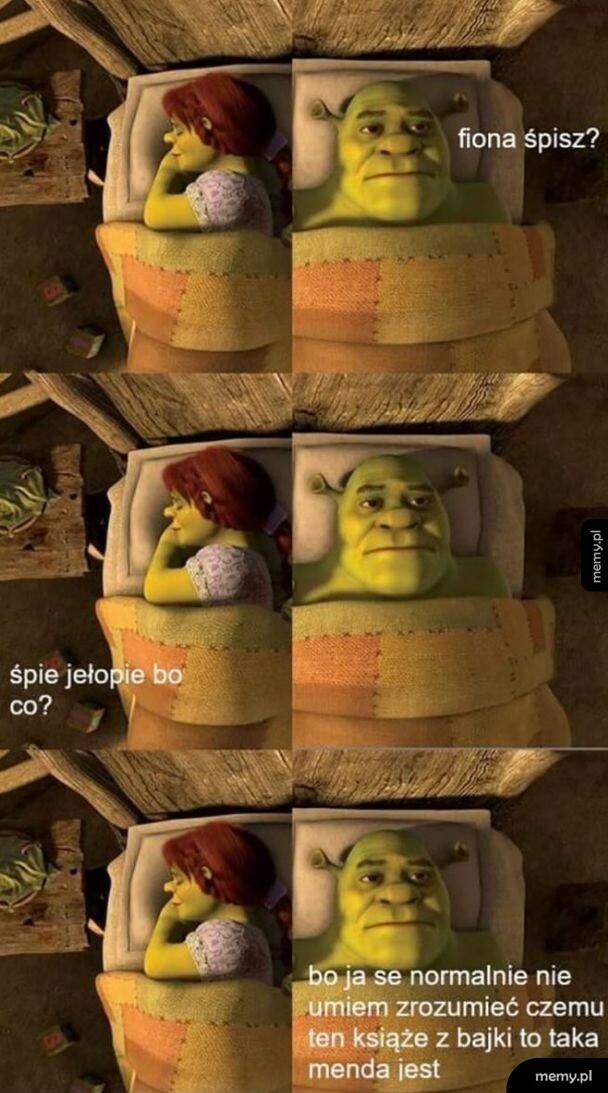 Shrek i Fiona w łóżku rozmawiają w nocy