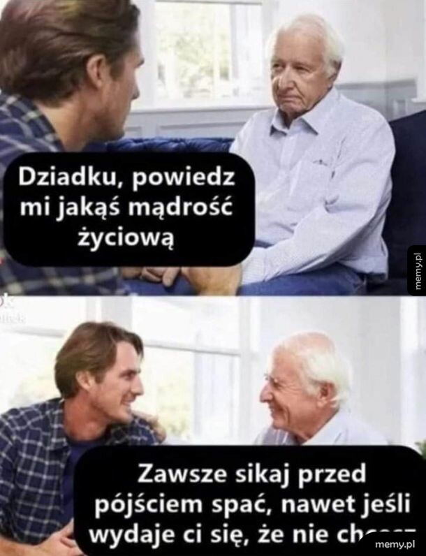 Mężczyzna pyta dziadka o mądrość życiową w dwukadrowym memie.