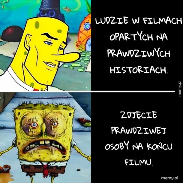 Mem z dwoma wersjami SpongeBoba: przystojnym i skrajnie zniszczonym.