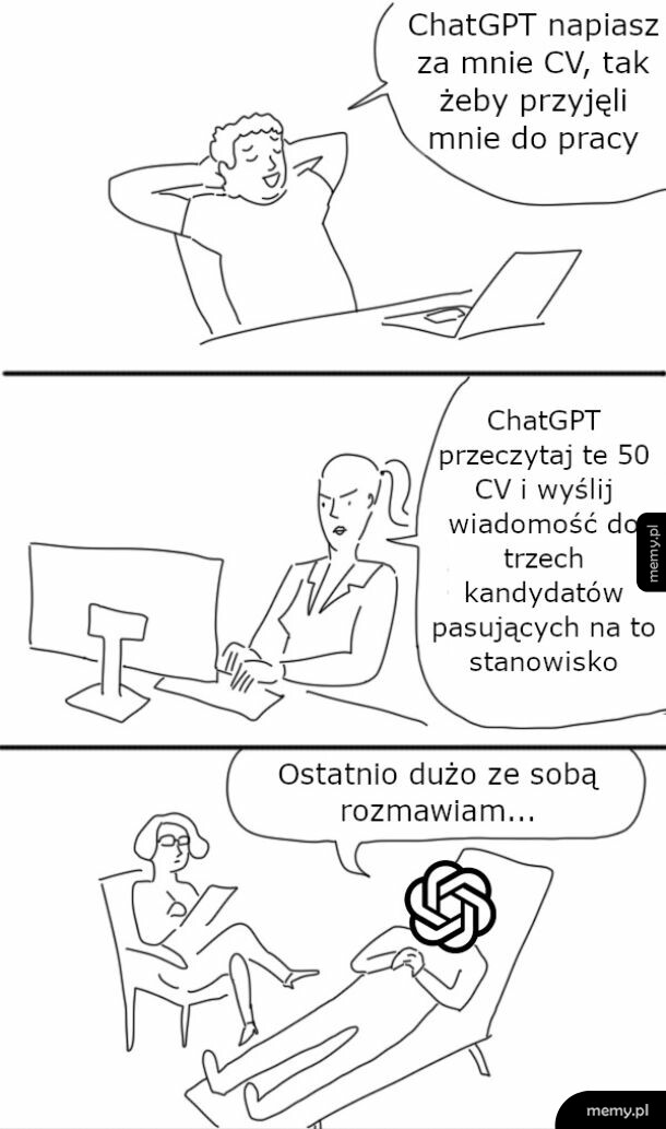 Komiks o sztucznej inteligencji piszącej CV, rekrutującej pracowników i u psychoterapeuty.