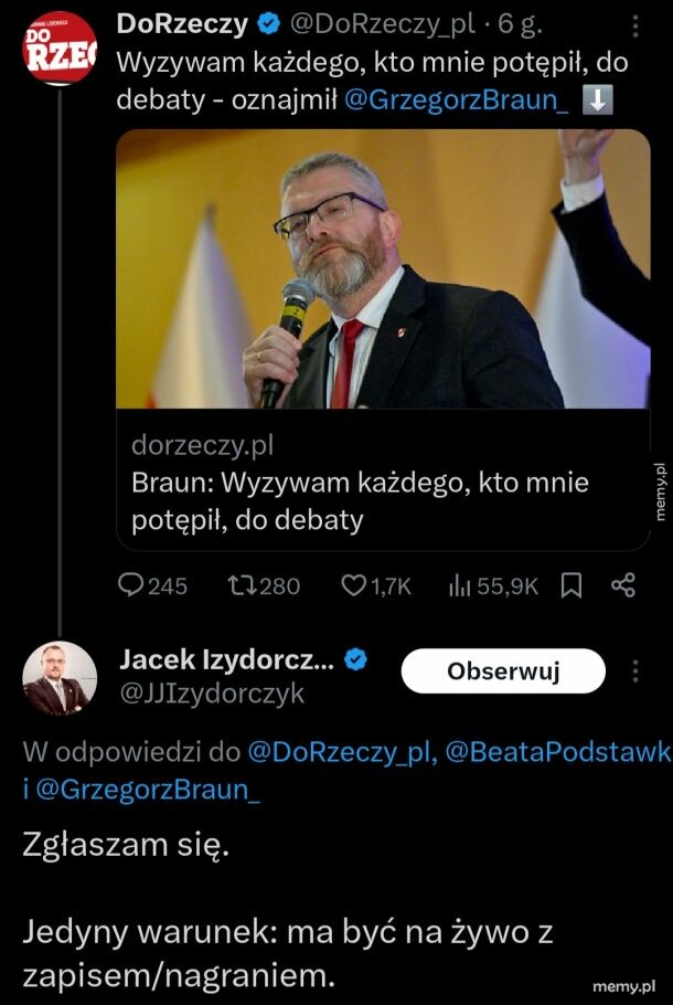 Zrzut ekranu z wpisem Grzegorza Brauna i odpowiedzią użytkownika.