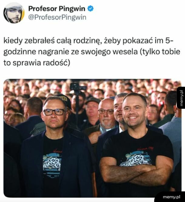 Mem z tweetem Profesora Pingwina i zdjęciem polityków