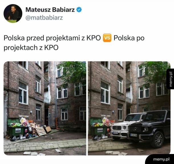 Memy porównujące podwórko przed i po projektach z KPO z luksusowymi autami.