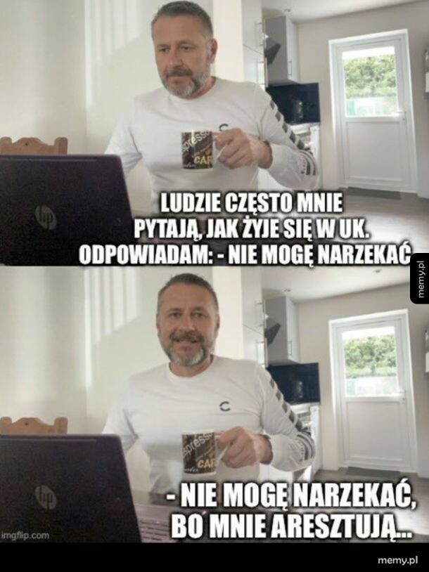 Mężczyzna z kubkiem przy laptopie w dwóch ujęciach z podpisami.