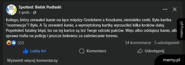Zrzut ekranu z Facebooka ze strony Spotted: Bielsk Podlaski z ogłoszeniem o kradzieży grzyba.