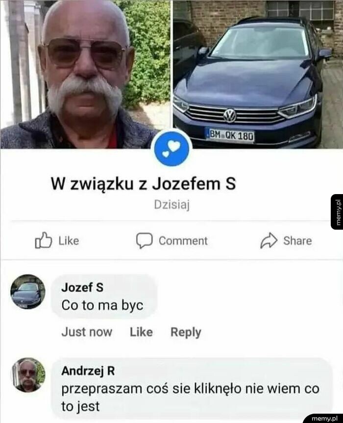 Mem z Facebooka: Andrzej R ustawił związek z Józefem S, a ten pyta co to ma być.