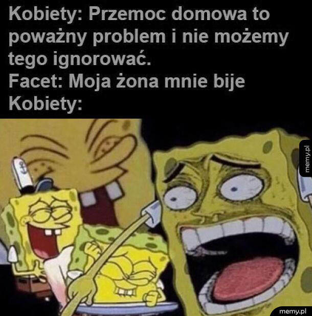 Mem z postaciami SpongeBoba wybuchającymi śmiechem w odpowiedzi na problem mężczyzny.