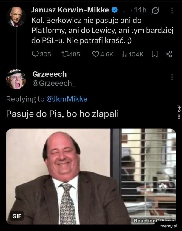 Screen z Twittera z wpisem Janusza Korwin-Mikkego i komentarzem użytkownika z gifem z serialu Biuro