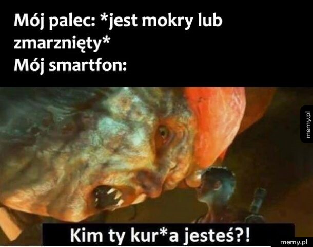 Mem z grą wideo pokazujący potwora patrzącego z góry na małą postać z napisem o ekranie dotykowym.